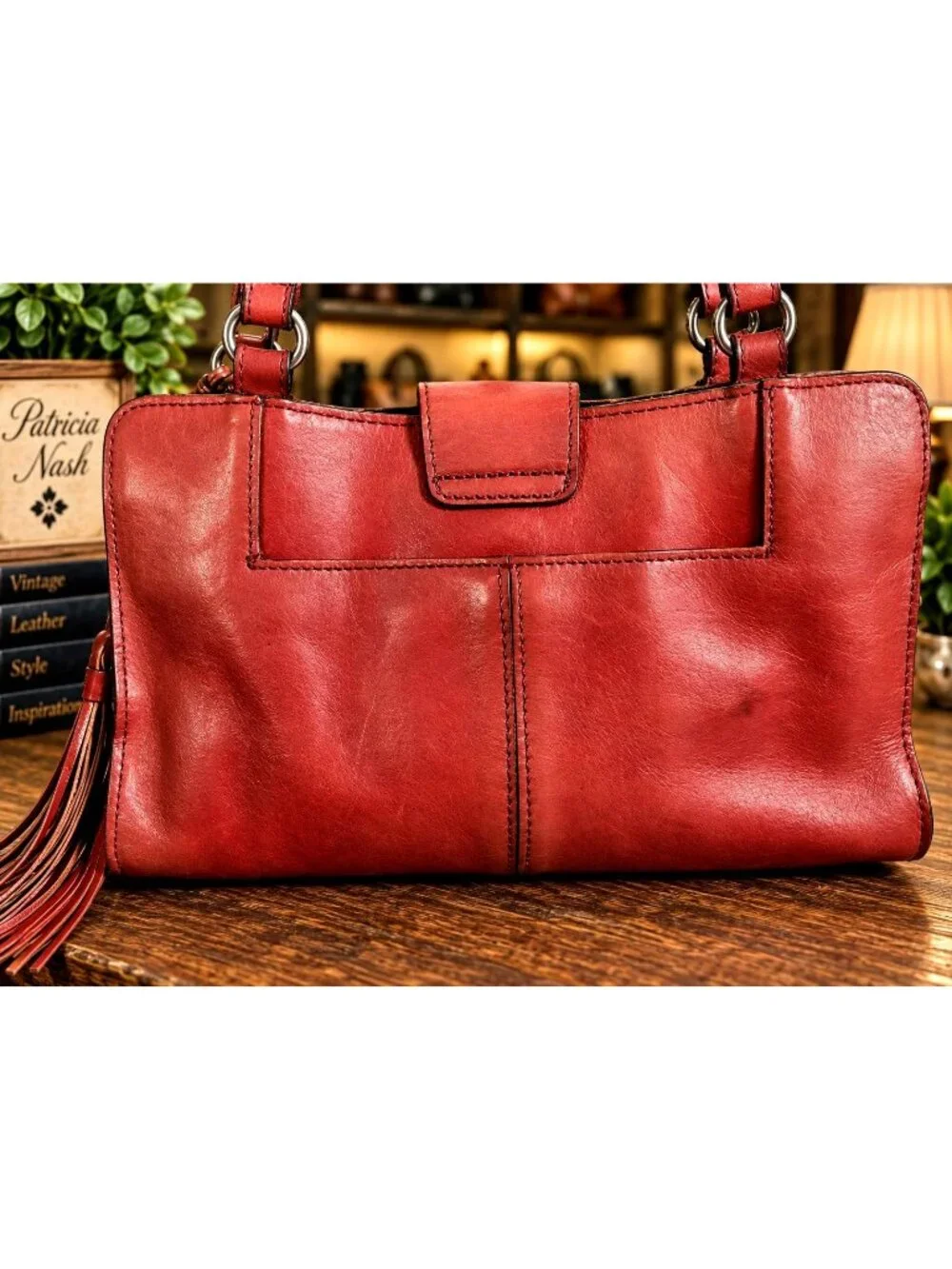 Patricia Nash Rienzo Satchel Rose Tooled Red Ochre Leather Tassel Handbag Purse